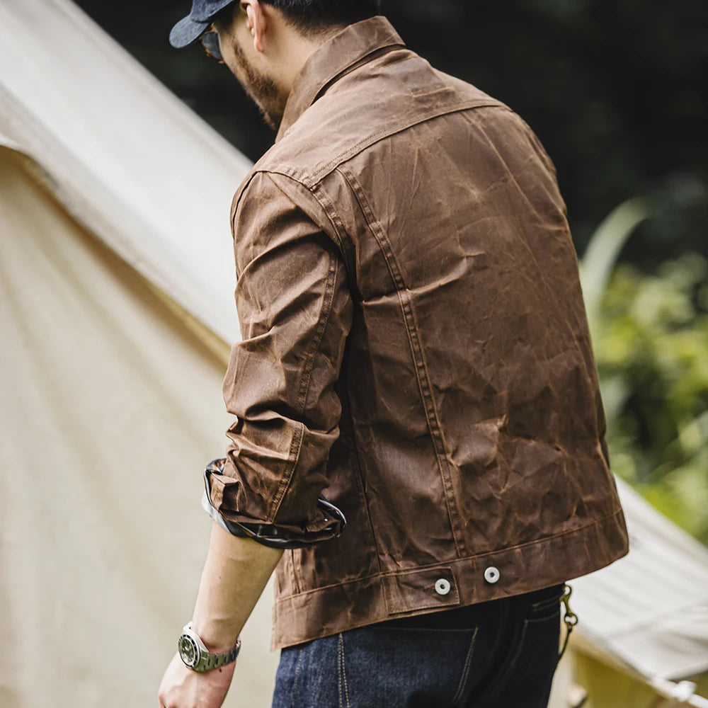 Maden Men's Retro Amekaji Style Oil-Waxed Canvas Jacket – Lightweight Military-Inspired Workwear Coat in Khaki Cotton for Casual and Safari Looks