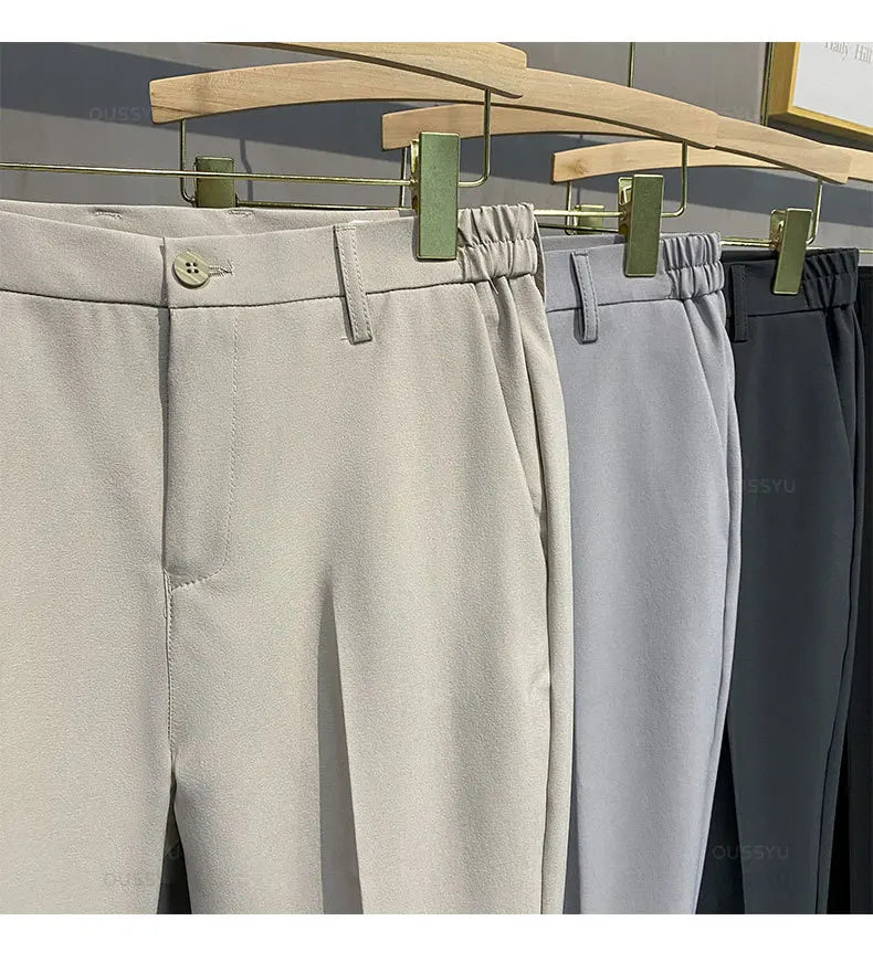 2025 Spring-Summer Men's Slim Fit Casual Business Jogger Pants with Elastic Waist, Available in Plus Sizes 40 and 42, Black