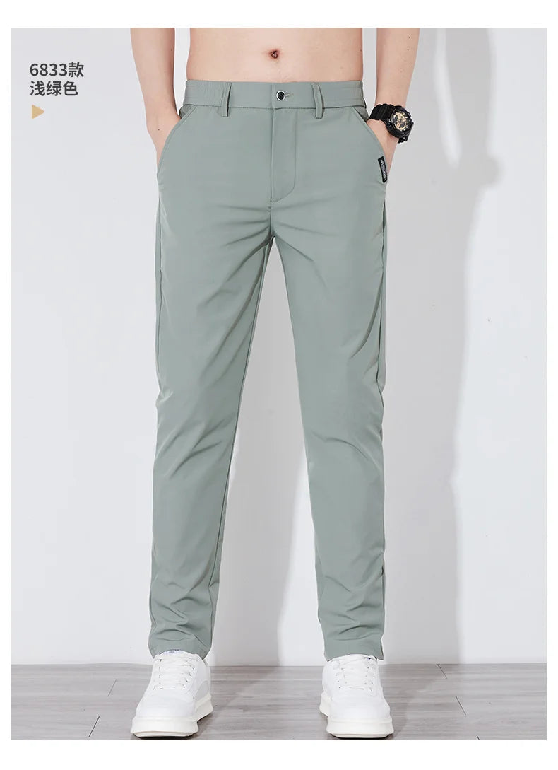 Men's Summer Silk-Feel Stretch Trousers – Lightweight Classic Business Casual Pants with Elastic Waist – Korean Style Smooth Suit Pants in Black or Gray