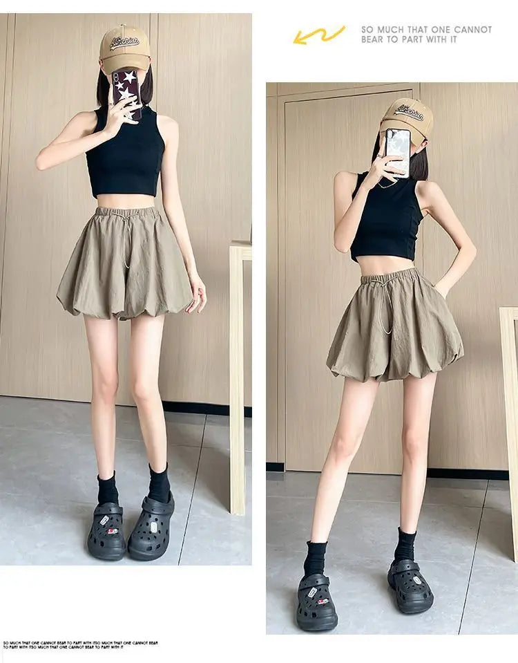 Women's High-Waist Lantern Shorts – Casual Summer Streetwear with Pockets, Relaxed Fit for Students, Youth, and Everyday Wear