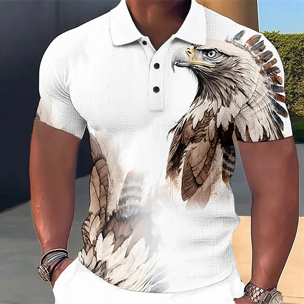 Men’s Polo Shirt with 3D Wolf & Eagle Print – High-Quality Summer Casual Loose Fit Short Sleeve Tee