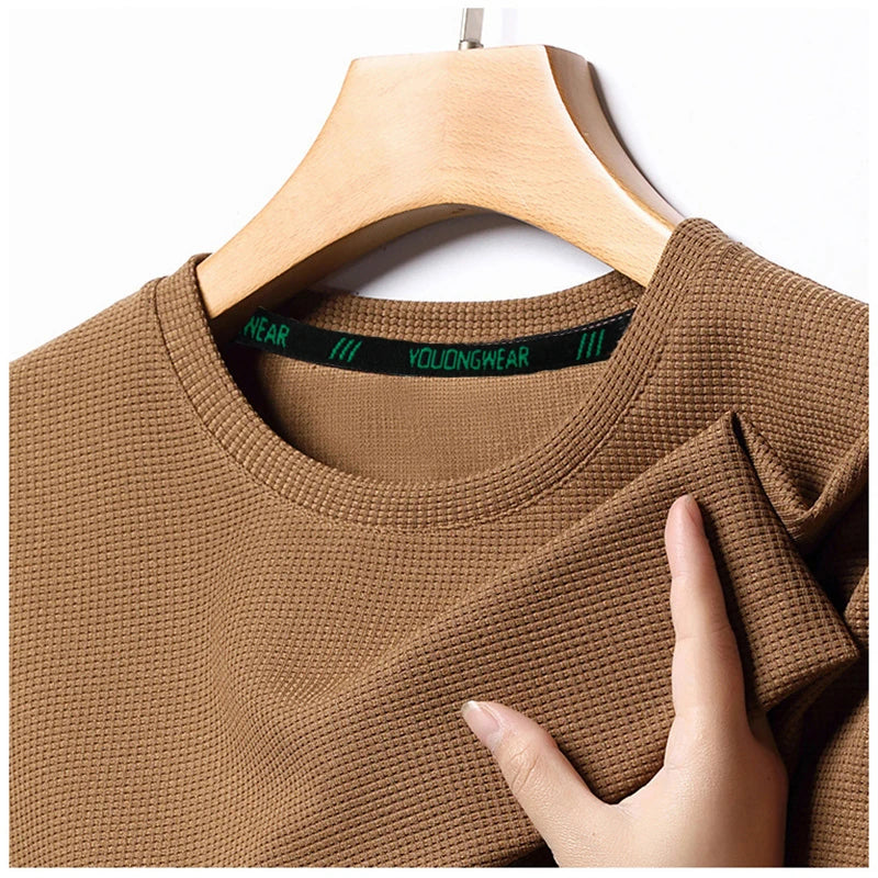 Men’s Summer Casual Waffle O-Neck Short Sleeve T-Shirt – Breathable Solid Color Fashion Tee