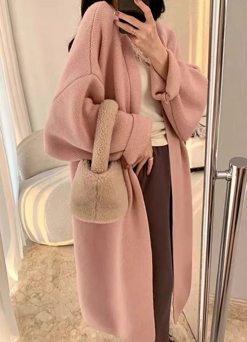 2024 Women's V-Neck Knit Cardigan – Long Sleeve Open Front Sweater, Loose Fit Solid Color Winter Outerwear