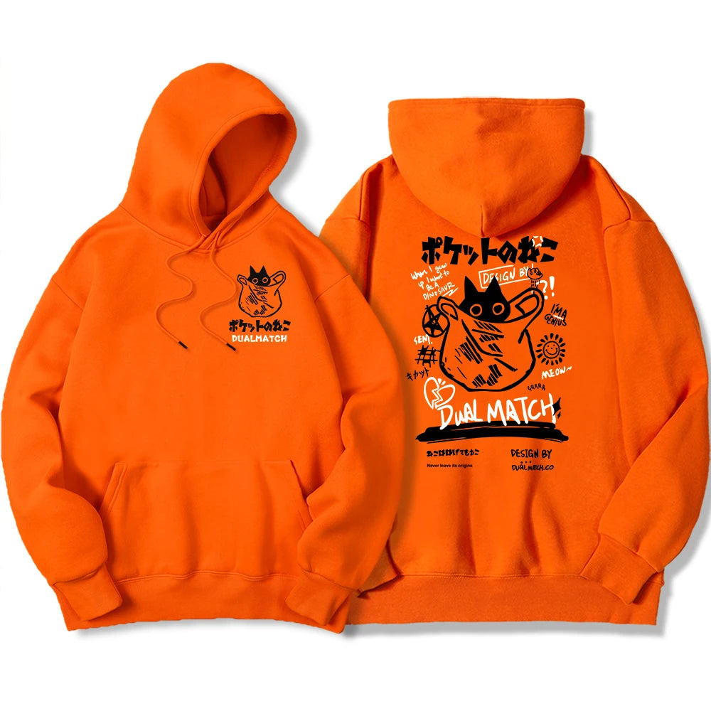 Y2K Harajuku Kawaii Cat Couple Print Hoodie – Unisex Oversized Fleece Pullover for Autumn, Warm Hip Hop Style Sweatshirt