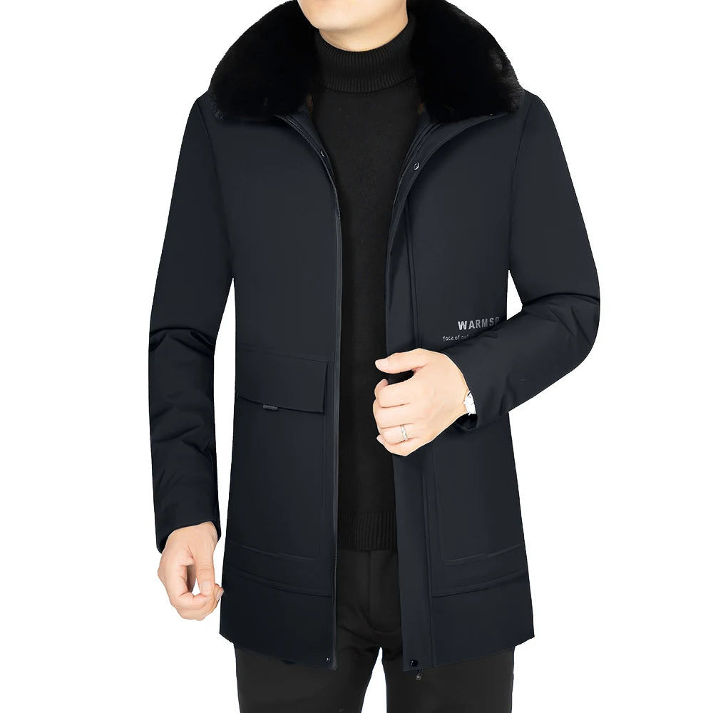 Men’s Solid Winter Parka with Fur Hood – Loose, Waterproof Fleece-Lined Vintage Streetwear Jacket