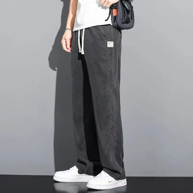 2025 Summer Men's Lightweight Lyocell Jeans – Loose Fit, Straight-Leg Casual Pants with Elastic Waist and Drawstring, Korean Style 