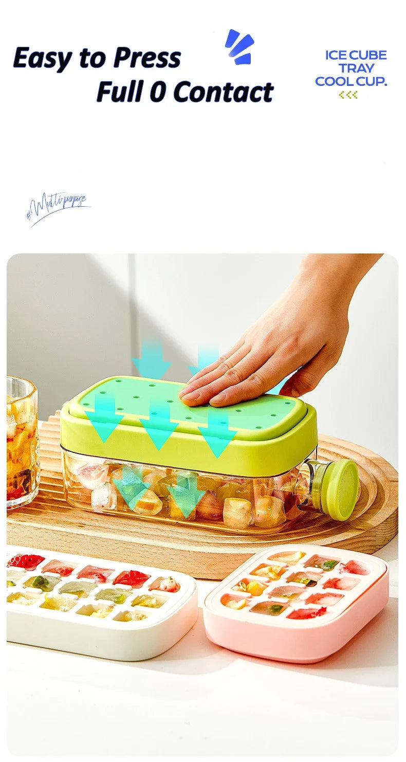 No-Spill Ice Cube Tray with Lid – Touch-Free Silicone Ice Mold for Freezer with Straw & Cable Tie