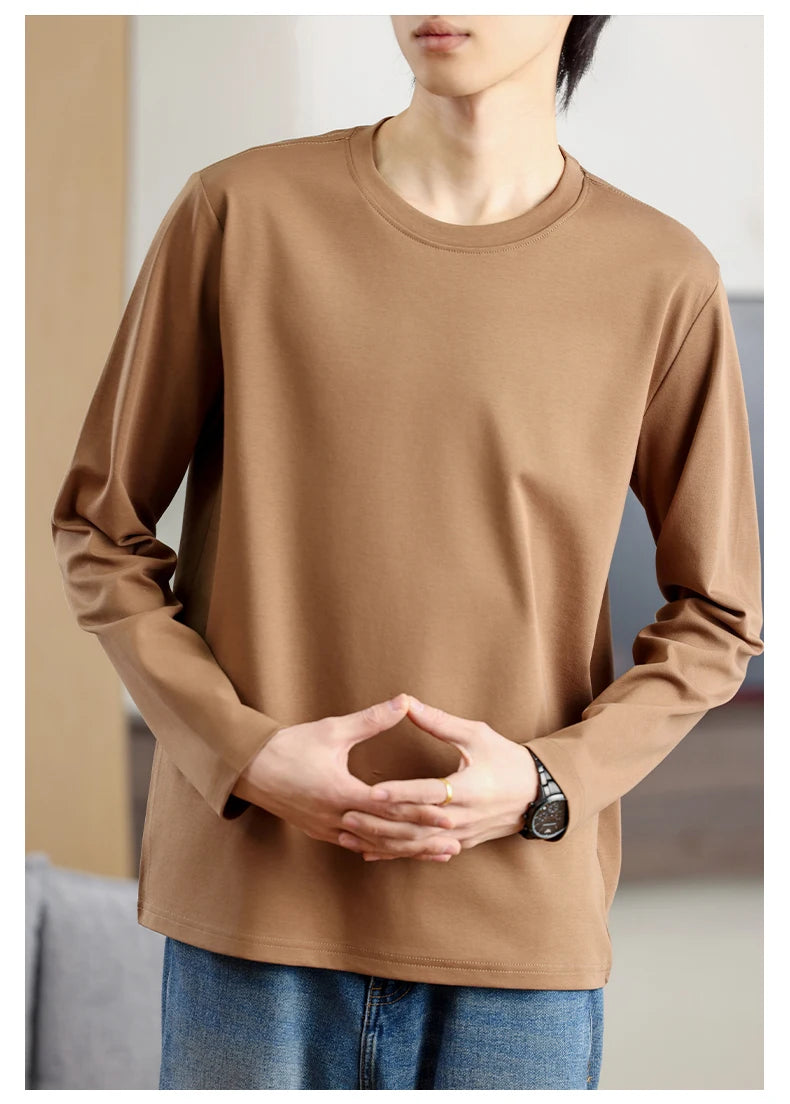 Men's Summer Long Sleeve T-shirt – Solid Color, Round Neck, Casual Style, Made from Mercerized Cotton