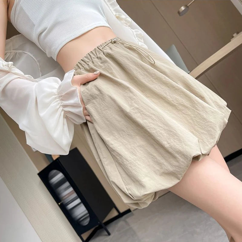 Women's High-Waist Lantern Shorts – Casual Summer Streetwear with Pockets, Relaxed Fit for Students, Youth, and Everyday Wear