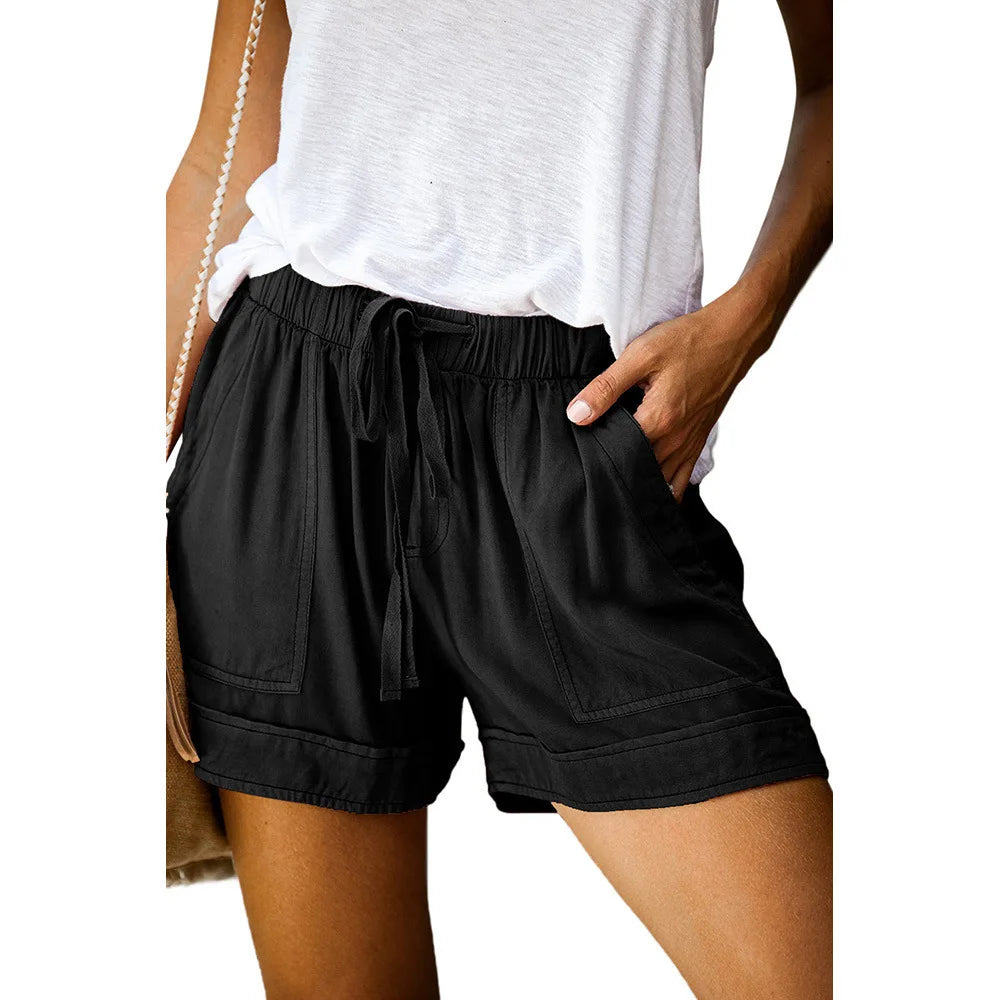 2023 Summer Women's High-Waisted Casual Shorts – European & American Style Lace-Up Loose Fit Twill Wide-Leg Pants 