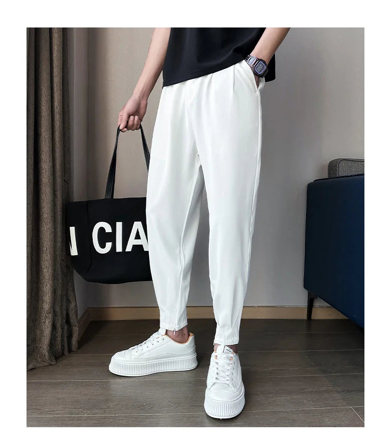Men’s Spring & Summer Casual Solid Color Ice Silk Trousers — Korean Style Slim Ankle Pants with Zipper Detail, Smooth & Lightweight for a Handsome Look