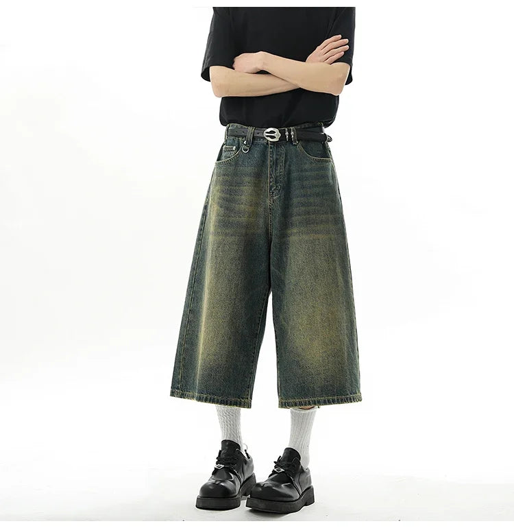 Men's Baggy Denim Shorts – Retro Y2K Casual Wide-Leg Calf-Length Jeans for Summer Streetwear