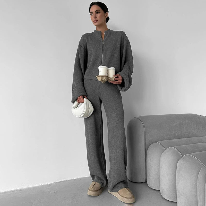 Tornova Women's Elegant Knit Two-Piece Set – Zipper Jacket & Wide-Leg Pants Casual Outfit
