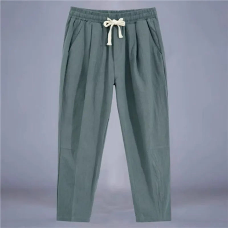 Men's Casual Cotton-Linen Pants – Breathable Loose-Fit Straight-Leg Drawstring Trousers in Solid Colors, Stylish Summer Streetwear