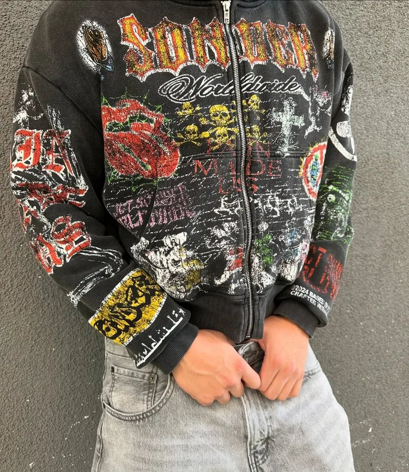 Y2K Vintage Goth Anime Zipper Hoodie – Unisex Oversized Dark Style Sweatshirt, American Streetwear