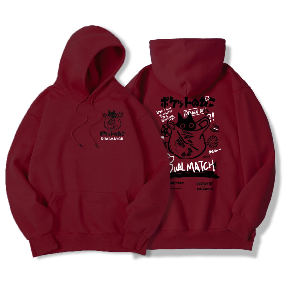 Y2K Harajuku Kawaii Cat Couple Print Hoodie – Unisex Oversized Fleece Pullover for Autumn, Warm Hip Hop Style Sweatshirt