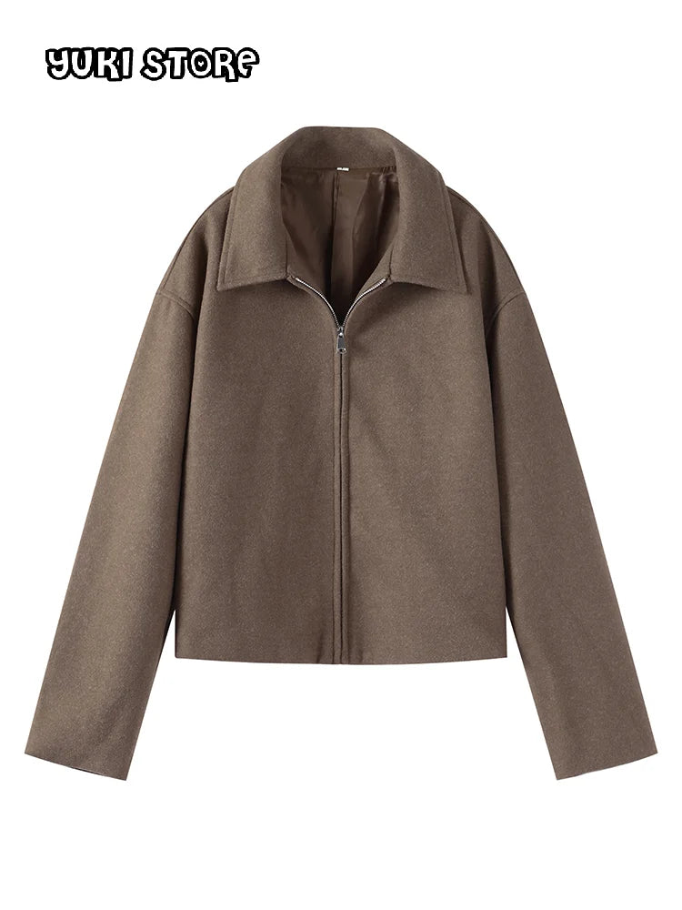 Women's Vintage Short Wool Blend Coat – Casual Zipper Jacket with Lapel Collar, Long Sleeves, Cozy Autumn 2024 Streetwear