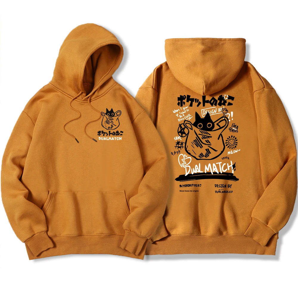 Y2K Harajuku Kawaii Cat Couple Print Hoodie – Unisex Oversized Fleece Pullover for Autumn, Warm Hip Hop Style Sweatshirt