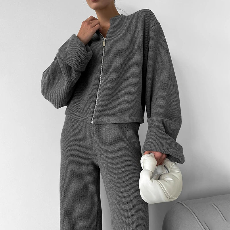 Tornova Women's Elegant Knit Two-Piece Set – Zipper Jacket & Wide-Leg Pants Casual Outfit
