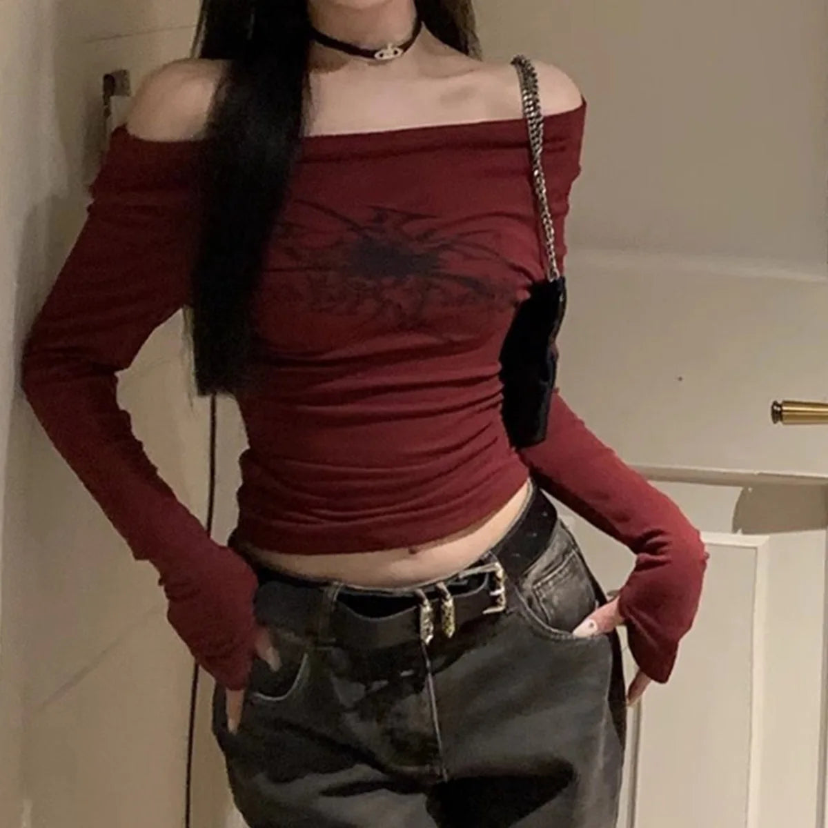 Women's Y2K Gothic Grunge Off-Shoulder Long Sleeve Crop Top – Vintage Korean Streetwear Printed T-Shirt