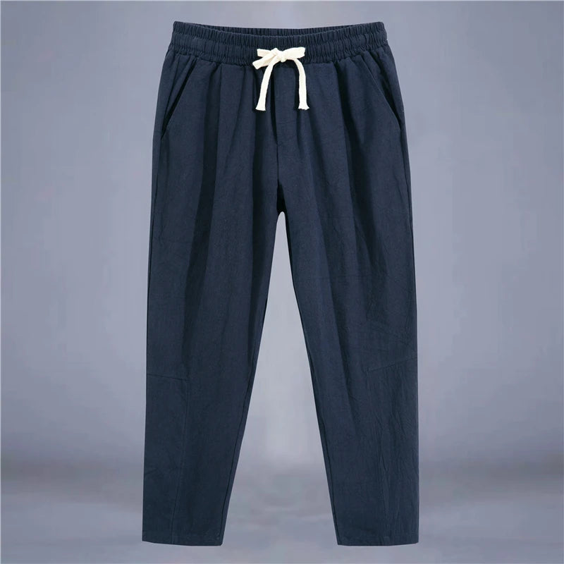Men's Casual Cotton-Linen Pants – Breathable Loose-Fit Straight-Leg Drawstring Trousers in Solid Colors, Stylish Summer Streetwear