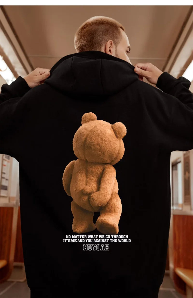 Men’s Autumn Kawaii Bear Graphic Pullover Hoodie – Hip Hop Streetwear with Pocket, Y2K Vintage Style