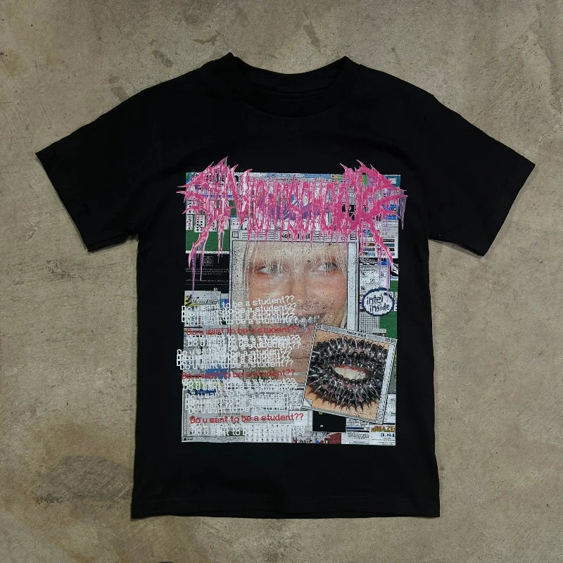 Y2K-Inspired Gothic Graphic Tee with Night School Print for Men and Women — Harajuku Hip Hop Streetwear, Unisex Boxy Fit, Short Sleeve Sweatshirt