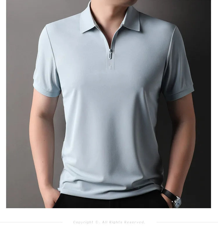 Men’s Slim Fit Half-Zip Polo Shirt – Light Beige Stretch Cotton Casual Top with Classic Collar