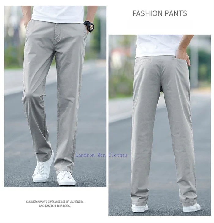 Men's Summer Lightweight Stretch Chino Pants – Loose Fit Cotton Trousers in Khaki, Blue, and Black – Plus Sizes 42 & 44