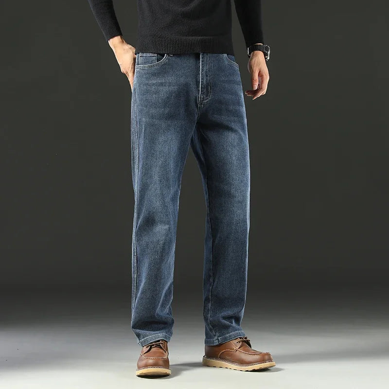 2025 Spring Men's High-Waist Spliced Washed Denim Jeans – Loose Straight Fit Stretch Cotton Blend Casual Brand Trousers 