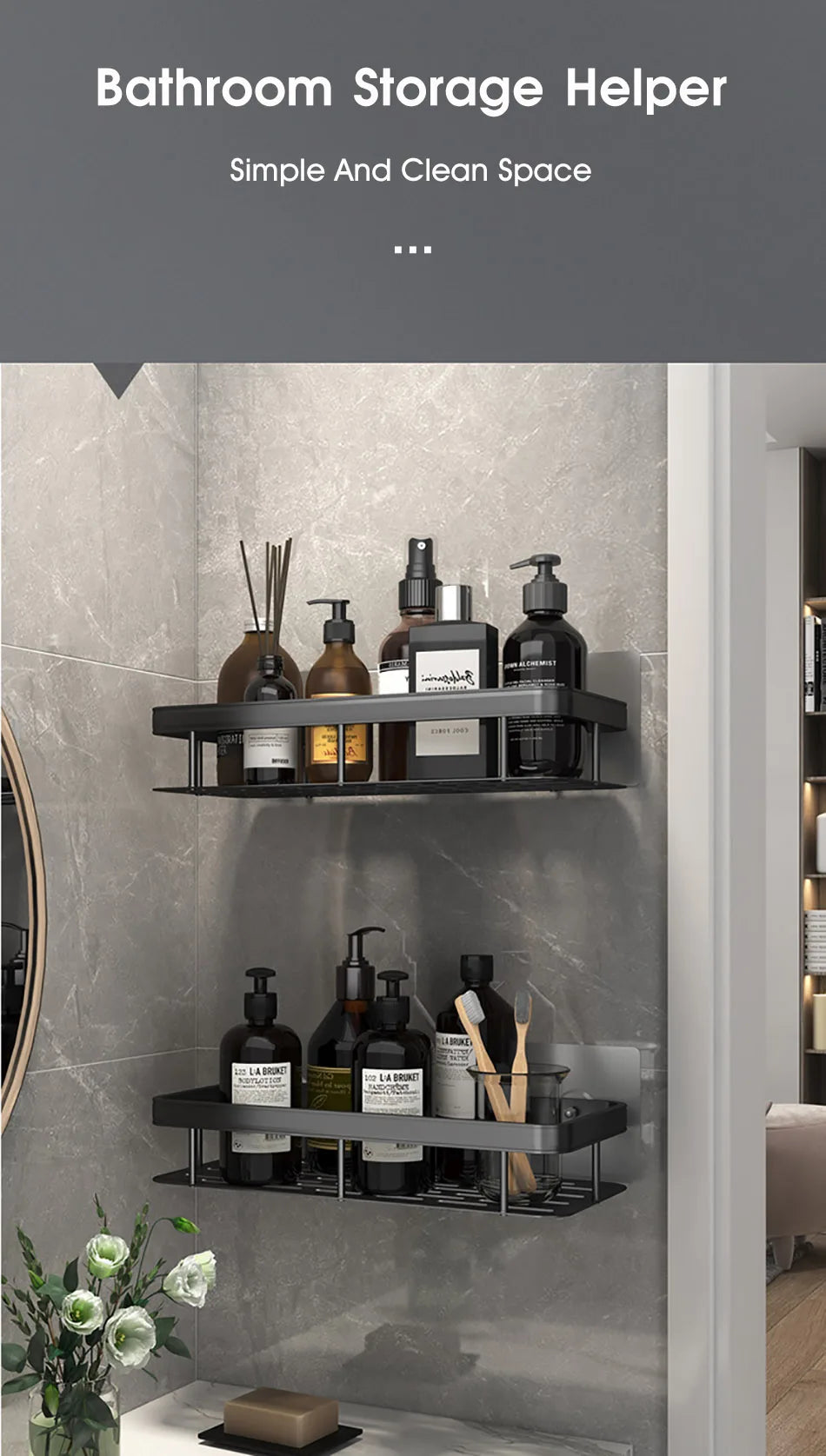 No-Drill Wall-Mounted Bathroom Shelf – Corner Shower Organizer for Shampoo, Toiletries, and Bathroom Essentials
