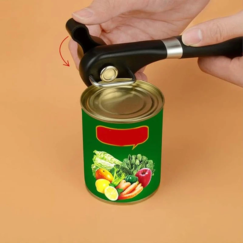 1 Piece Handheld Safe-Cut Can Opener Black Food-Grade Stainless Steel Kitchen Tool
