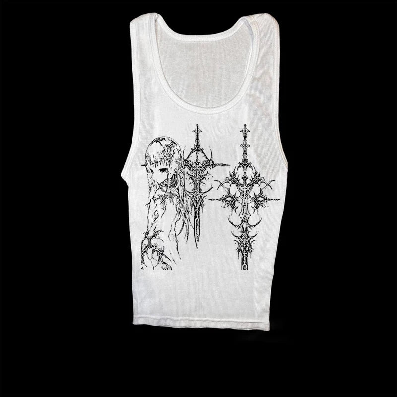 Y2K Aesthetic Women’s Cute Cartoon Print Cropped Tank Top – Sleeveless, Casual, Harajuku-Inspired Grunge Emo Style 