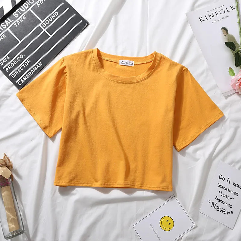 Women’s Summer Casual Cotton Short Sleeve Crop Top – Solid Color O-Neck Loose Fit T-ShirtT