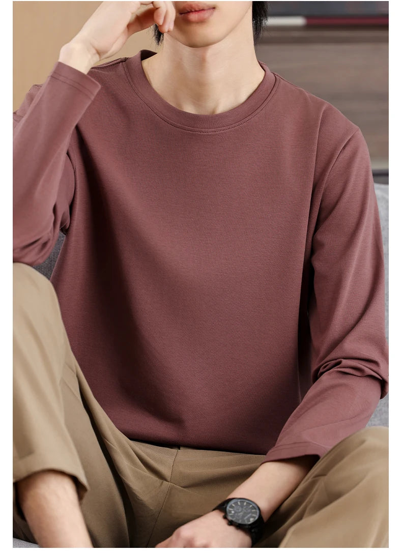 Men's Summer Long Sleeve T-shirt – Solid Color, Round Neck, Casual Style, Made from Mercerized Cotton