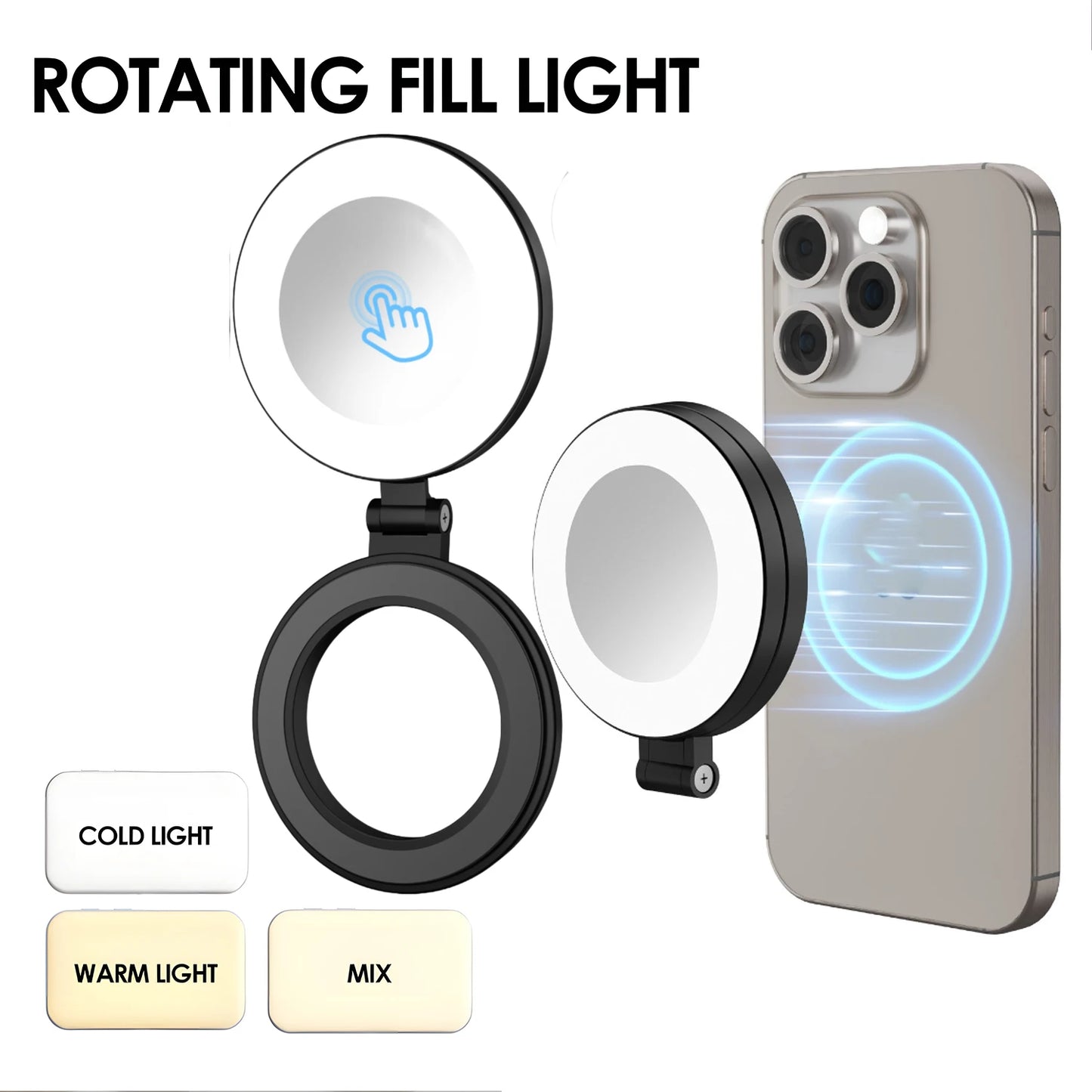 Portable Magnetic Selfie Ring Light with Built-in Mirror, Foldable 180° LED Phone Flash Compatible with MagSafe
