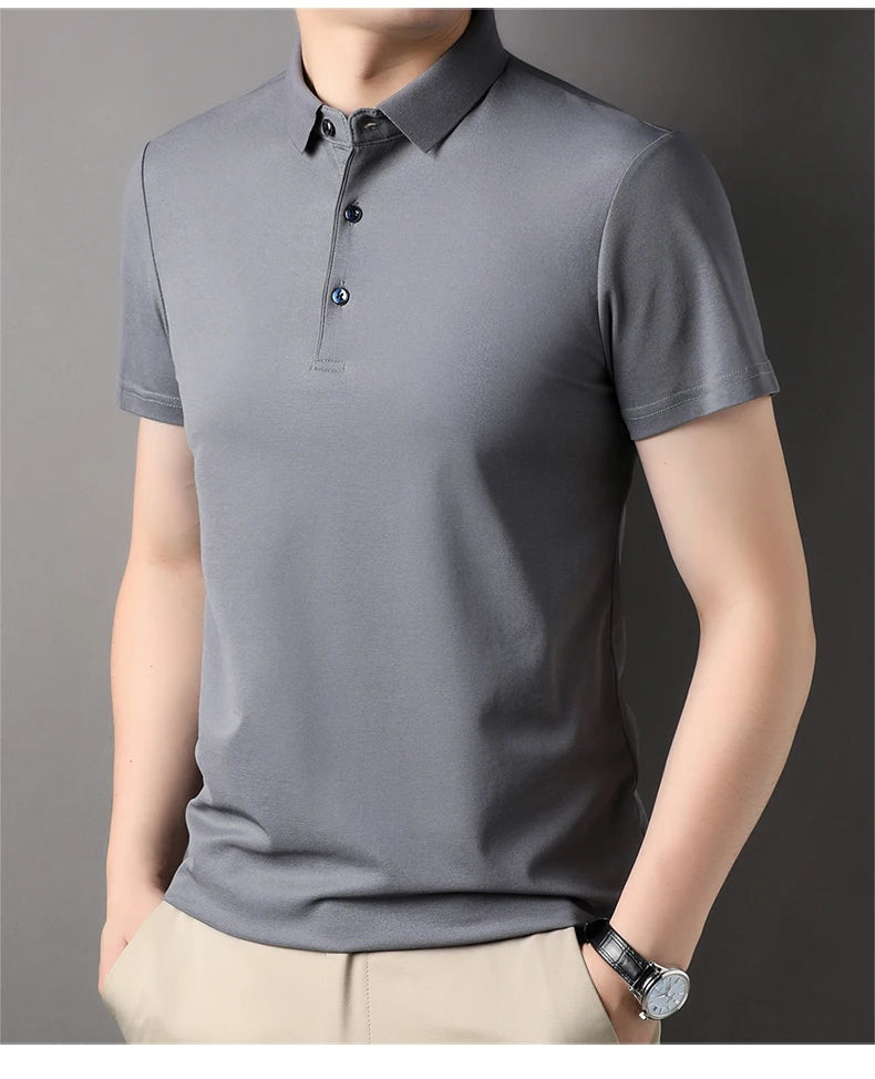 Luxury Summer Men’s Polo Shirt – Premium Plain Design with 4.7% Mulberry Silk, Short Sleeve, Lightweight Casual Fashion Top