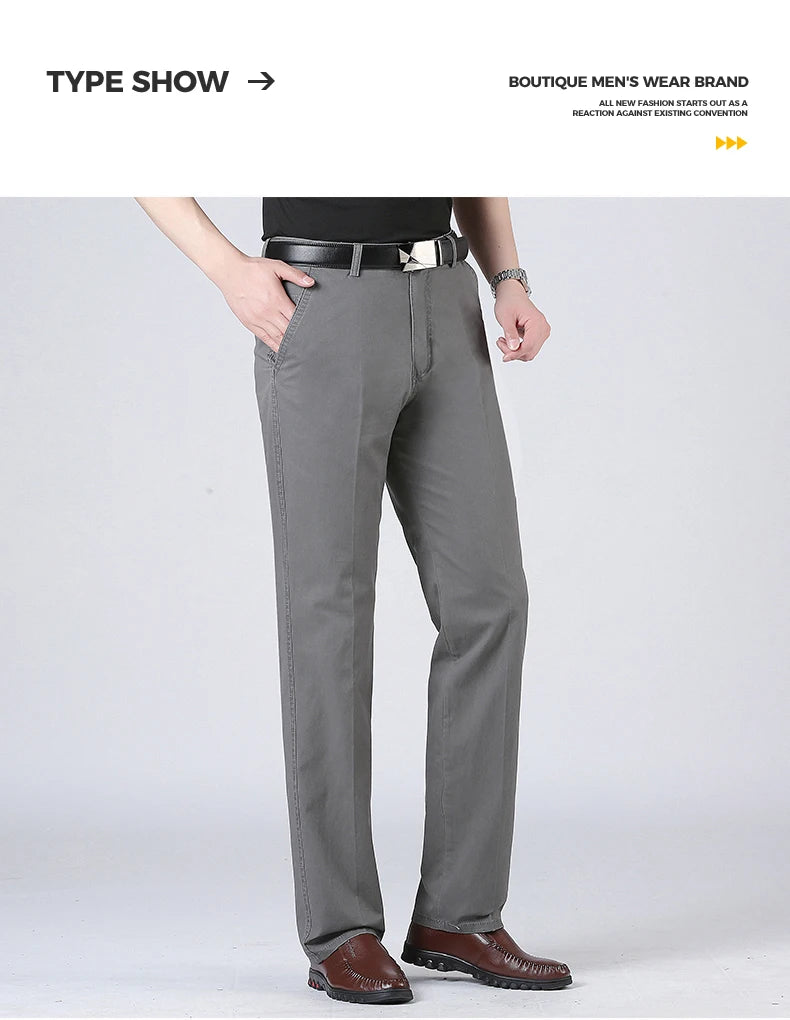 Men's Solid Cotton Straight-Leg Chino Pants – Business Casual Trousers with Belt, Ideal for Autumn & Winter – Classic Formal Style for Adults & Seniors