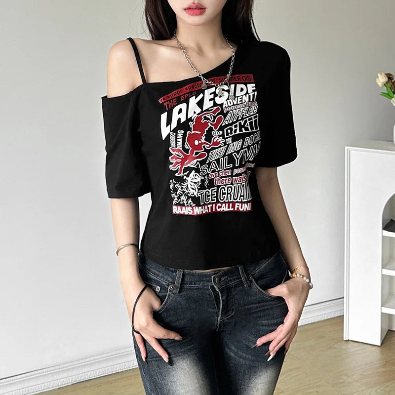 Y2K Gothic Off-Shoulder Crop Top – Women's Punk Style Letter Print T-Shirt, Harajuku Aesthetic Grunge Streetwear for Summer