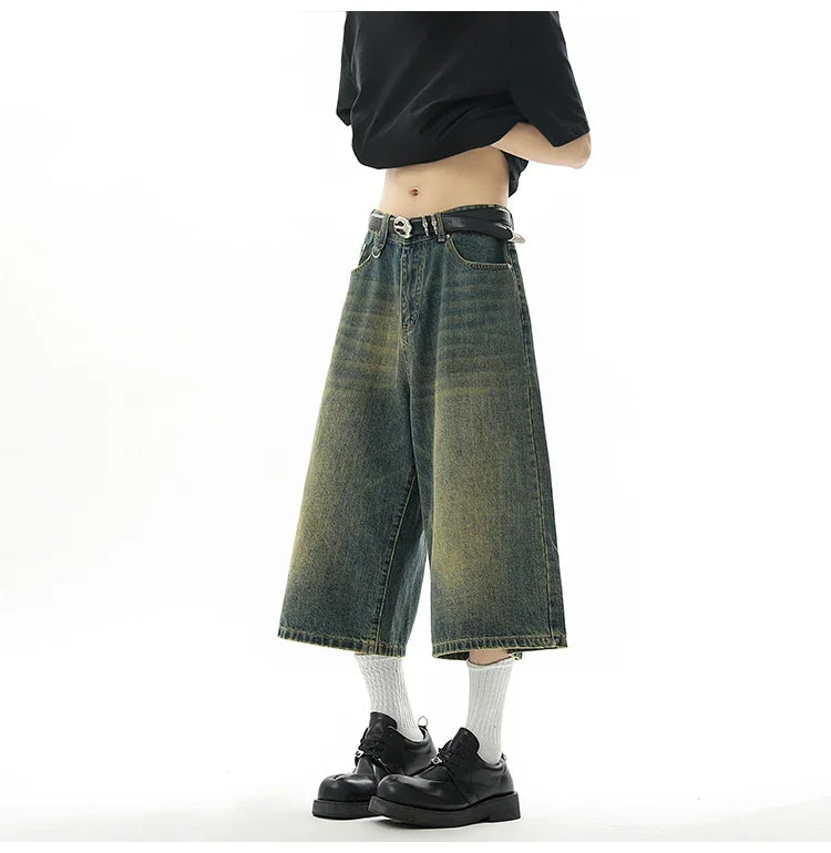 Men's Baggy Denim Shorts – Retro Y2K Casual Wide-Leg Calf-Length Jeans for Summer Streetwear