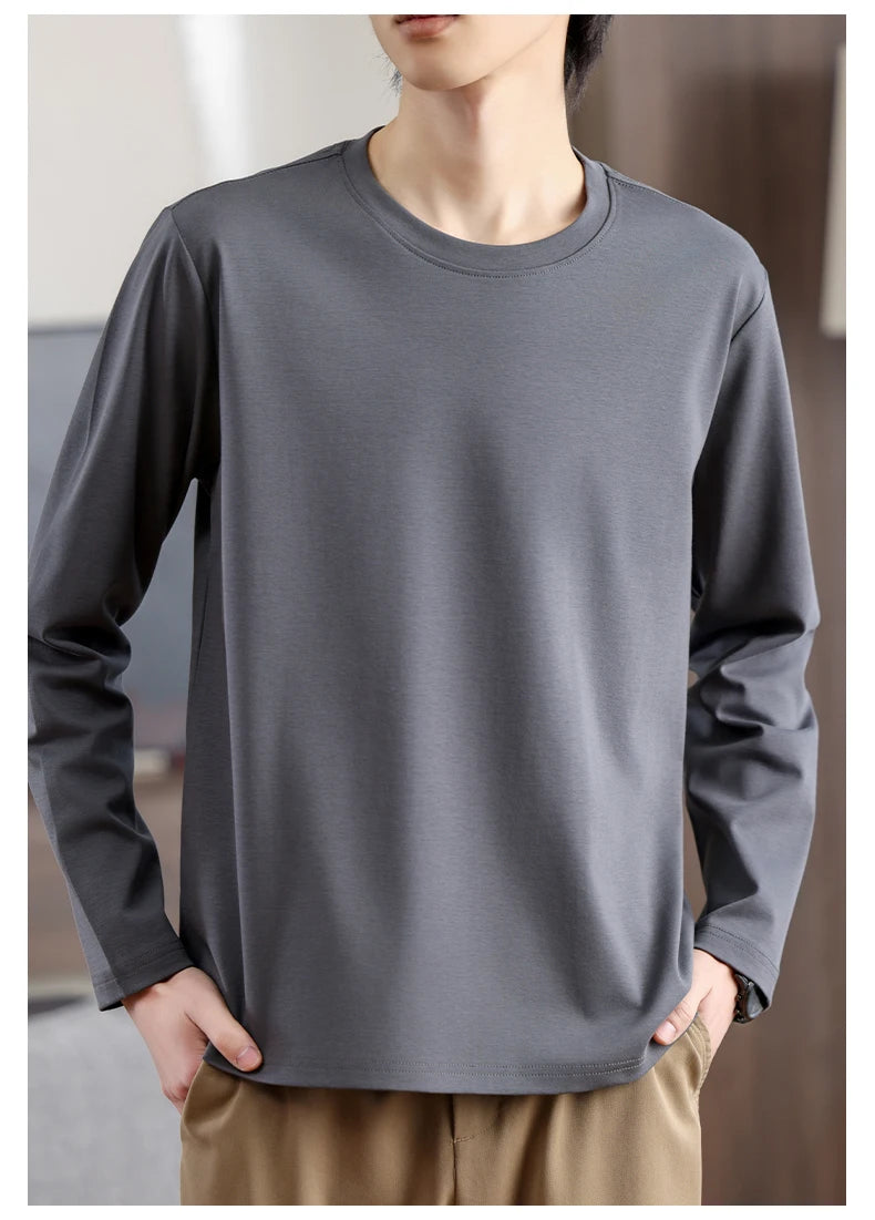 Men's Summer Long Sleeve T-shirt – Solid Color, Round Neck, Casual Style, Made from Mercerized Cotton