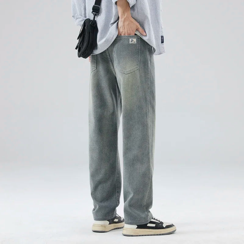 Vintage Men’s Baggy Jeans – Korean Style Starry Sky Fabric, Straight Fit Casual Denim Trousers, High Street Personalized Pants