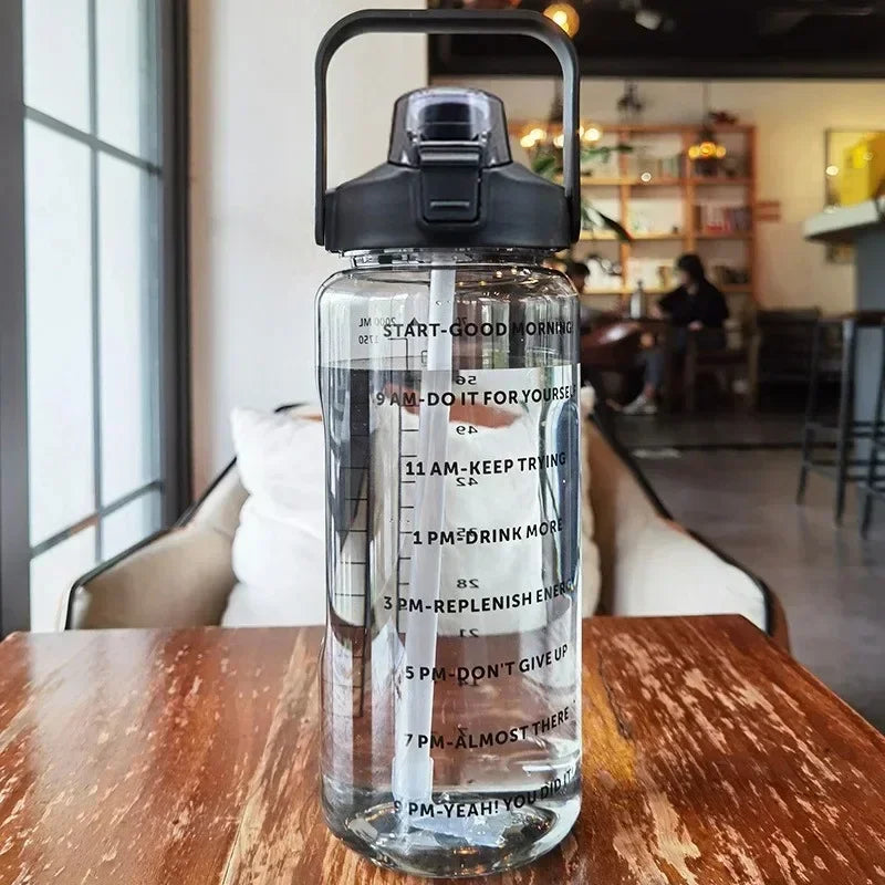 2L Large Capacity Sports Water Bottle with Straw – Time Marker Leakproof Plastic Cup for Fitness & Outdoor Use