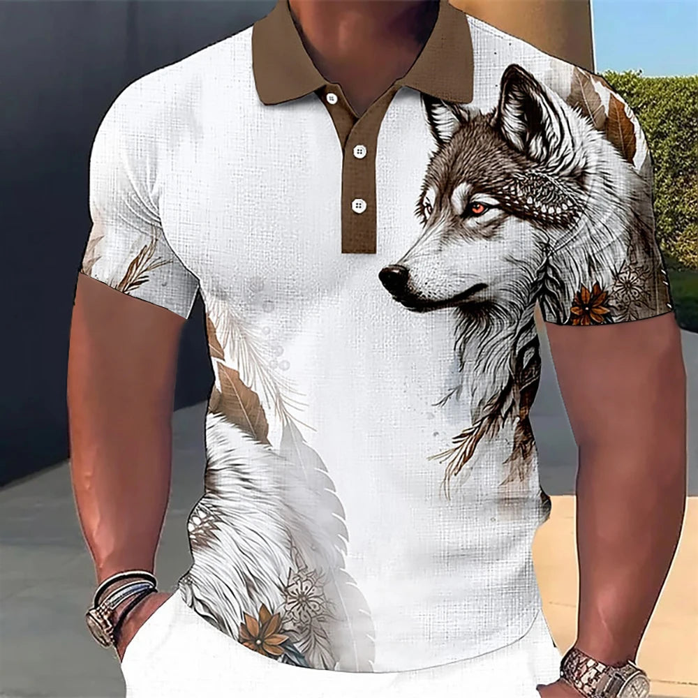 Men’s Polo Shirt with 3D Wolf & Eagle Print – High-Quality Summer Casual Loose Fit Short Sleeve Tee