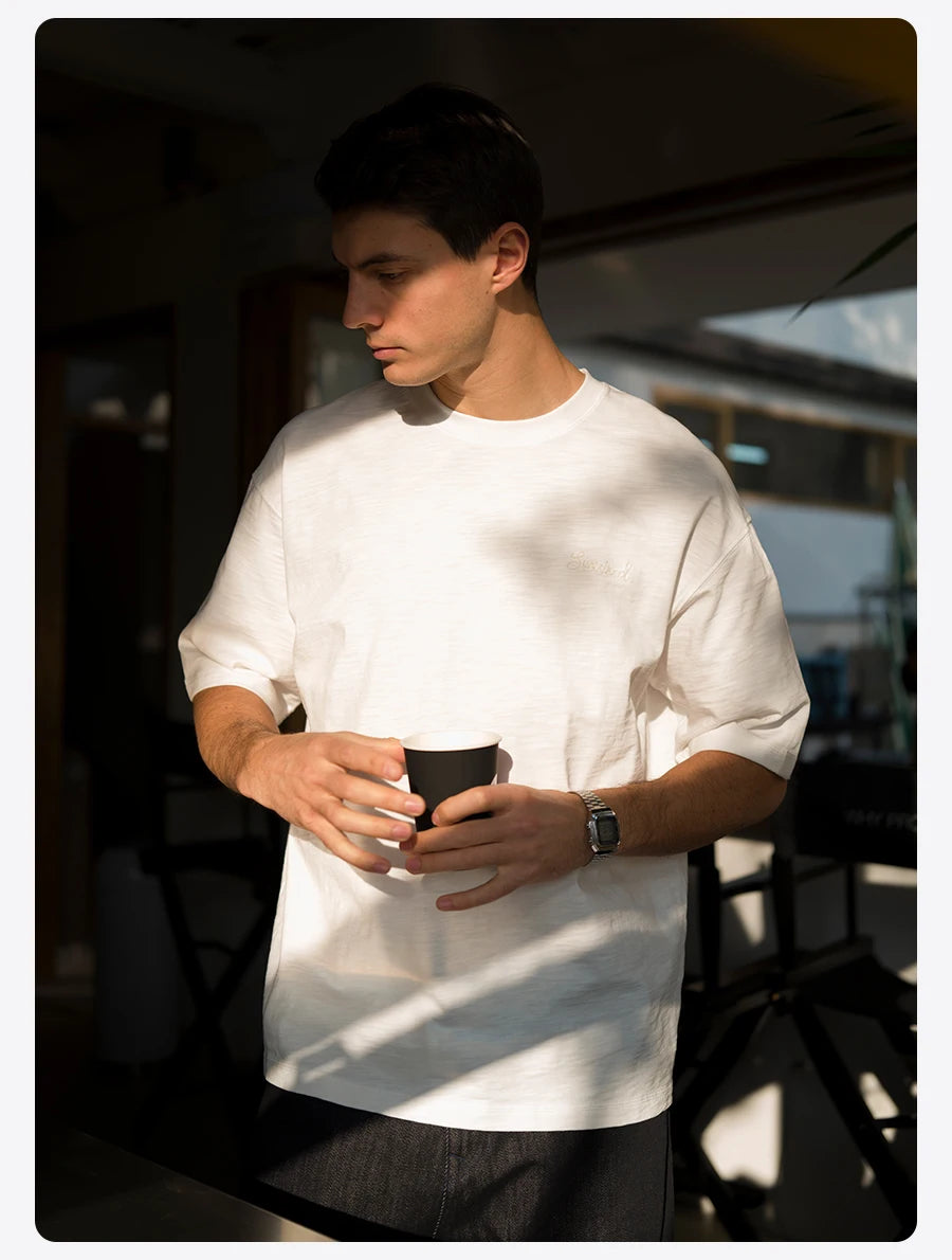 SIMWOOD 2025 Summer Oversized Heavyweight 300gsm Slub Cotton T-Shirt for Men with Letter Embroidery