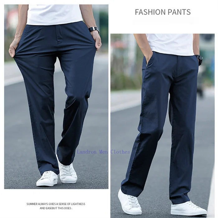 Men's Summer Lightweight Stretch Chino Pants – Loose Fit Cotton Trousers in Khaki, Blue, and Black – Plus Sizes 42 & 44