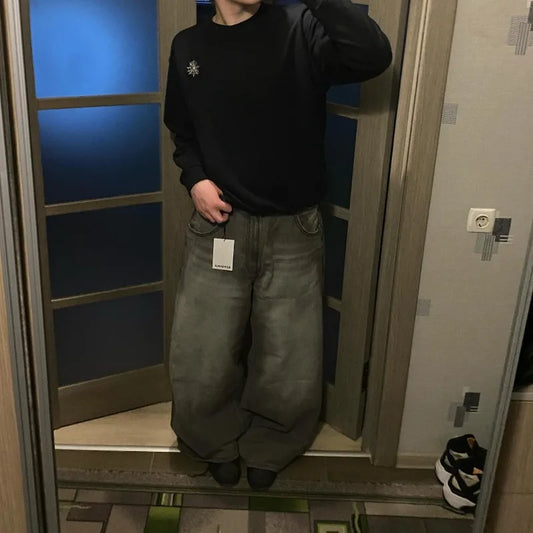 Men's Y2K Streetwear Washed Baggy Jeans – High Waist Wide-Leg Denim Pants in Retro Harajuku Punk Style