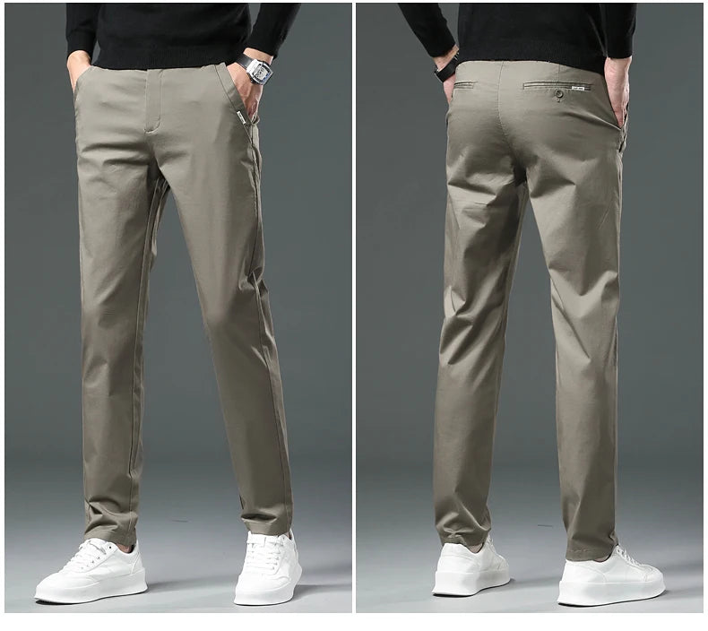 Men’s Classic Straight-Leg Cotton Trousers – 98% Cotton, Breathable Business Casual Pants with Elastic Comfort – Ideal for Spring & Summer