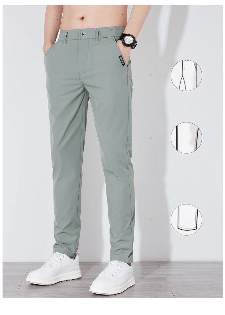 Men's Summer Silk-Feel Stretch Trousers – Lightweight Classic Business Casual Pants with Elastic Waist – Korean Style Smooth Suit Pants in Black or Gray