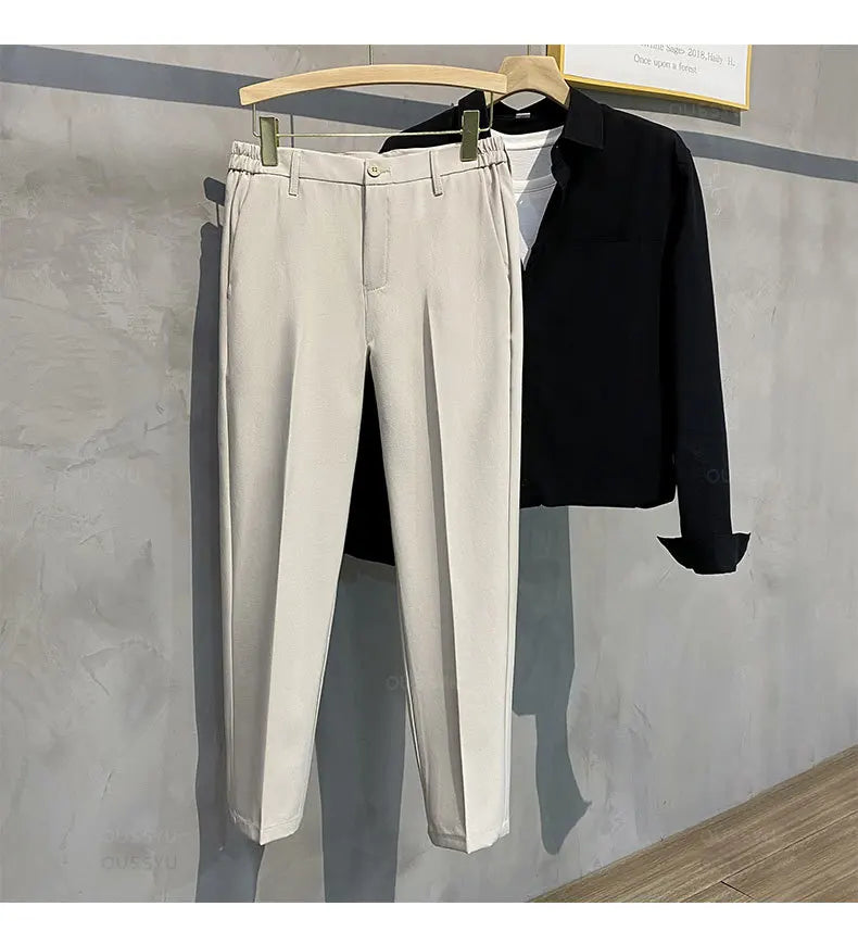 2025 Spring-Summer Men's Slim Fit Casual Business Jogger Pants with Elastic Waist, Available in Plus Sizes 40 and 42, Black